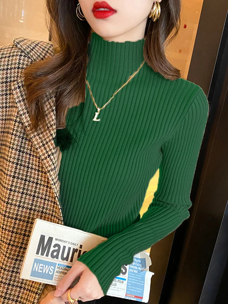 Elegant Solid Basic Knitted Tops Women Turtle-neck Sweater Long Sleeve Casual Slim Pullover Korean Fashion Simple Chic Clothes