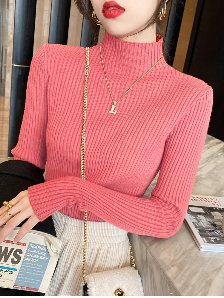 Elegant Solid Basic Knitted Tops Women Turtle-neck Sweater Long Sleeve Casual Slim Pullover Korean Fashion Simple Chic Clothes