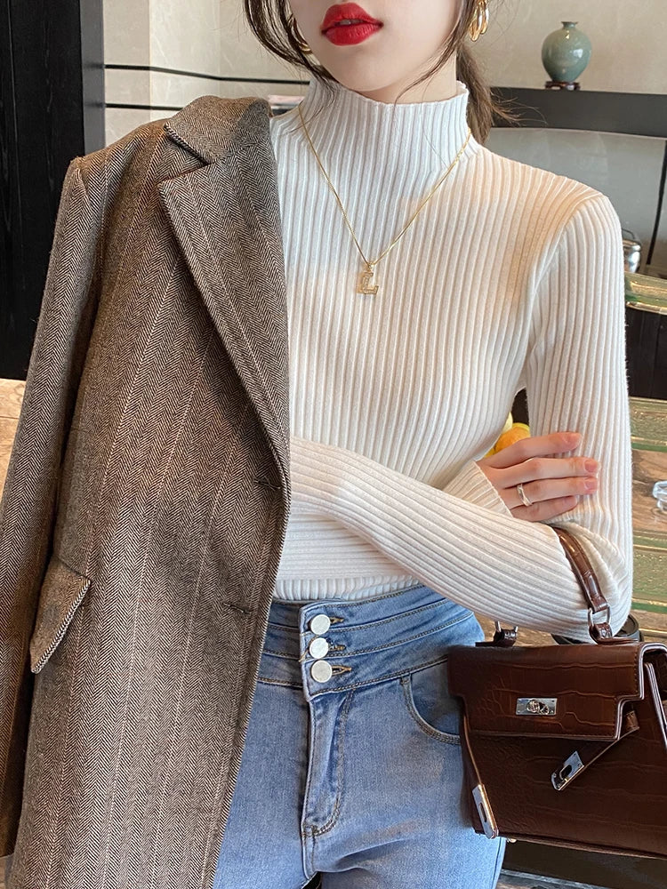 Elegant Solid Basic Knitted Tops Women Turtle-neck Sweater Long Sleeve Casual Slim Pullover Korean Fashion Simple Chic Clothes