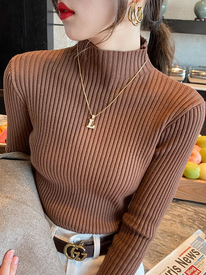 Elegant Solid Basic Knitted Tops Women Turtle-neck Sweater Long Sleeve Casual Slim Pullover Korean Fashion Simple Chic Clothes