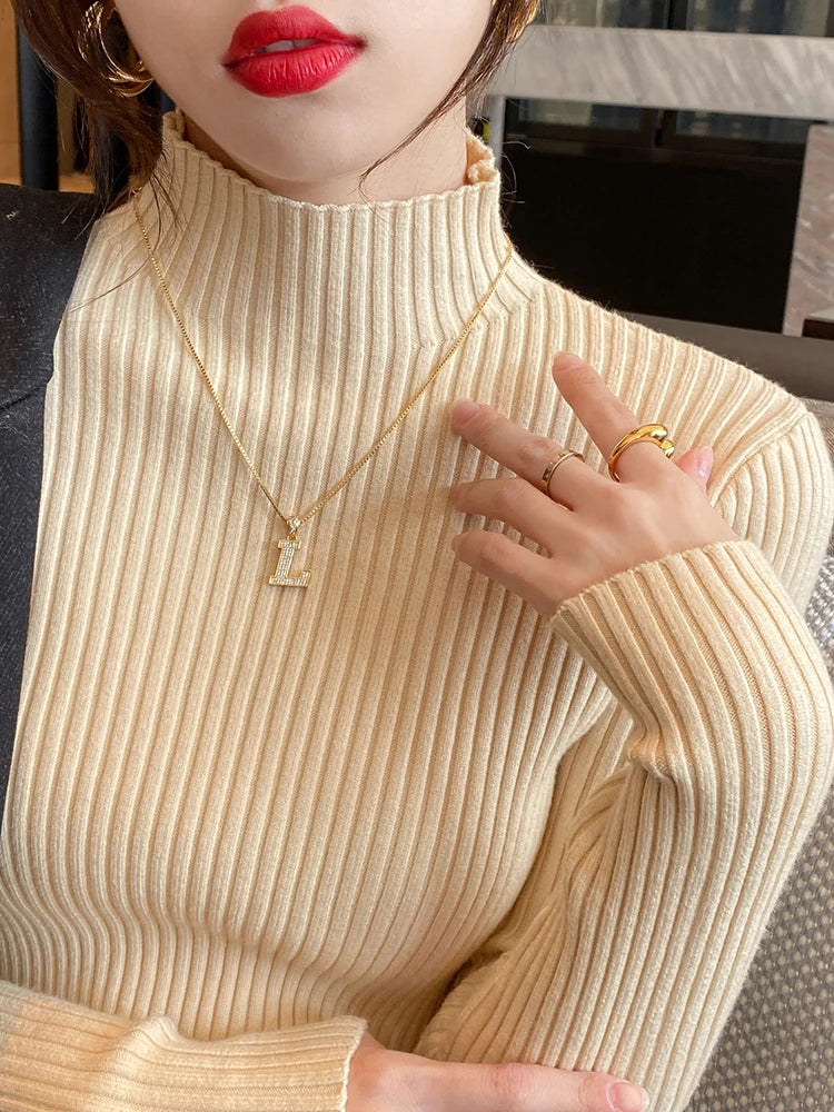 Elegant Solid Basic Knitted Tops Women Turtle-neck Sweater Long Sleeve Casual Slim Pullover Korean Fashion Simple Chic Clothes