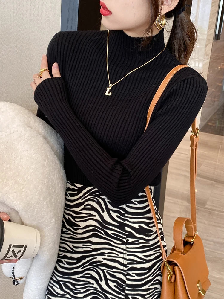 Elegant Solid Basic Knitted Tops Women Turtle-neck Sweater Long Sleeve Casual Slim Pullover Korean Fashion Simple Chic Clothes