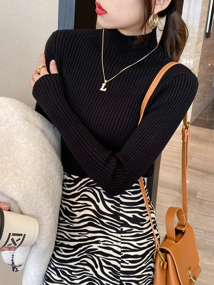 Elegant Solid Basic Knitted Tops Women Turtle-neck Sweater Long Sleeve Casual Slim Pullover Korean Fashion Simple Chic Clothes