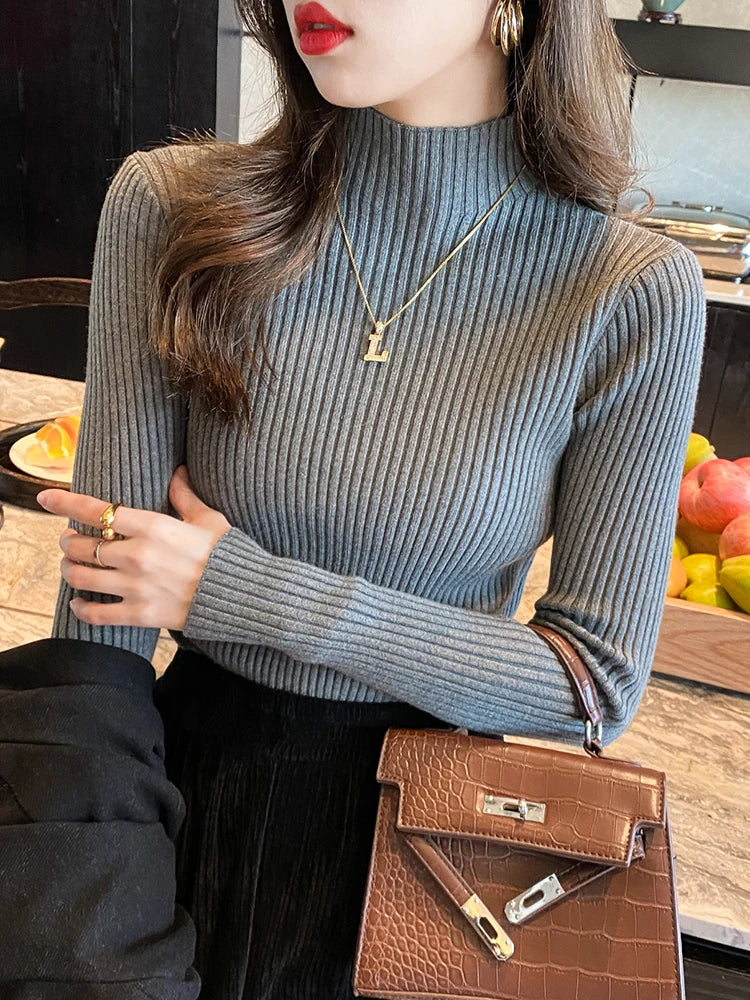 Elegant Solid Basic Knitted Tops Women Turtle-neck Sweater Long Sleeve Casual Slim Pullover Korean Fashion Simple Chic Clothes